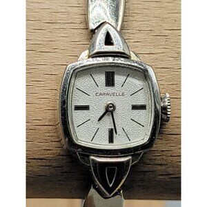 Carvelle Ladies Cocktail Wind Watch 10kgp Silver Tone 17mm Square Dial 6.5" 1974